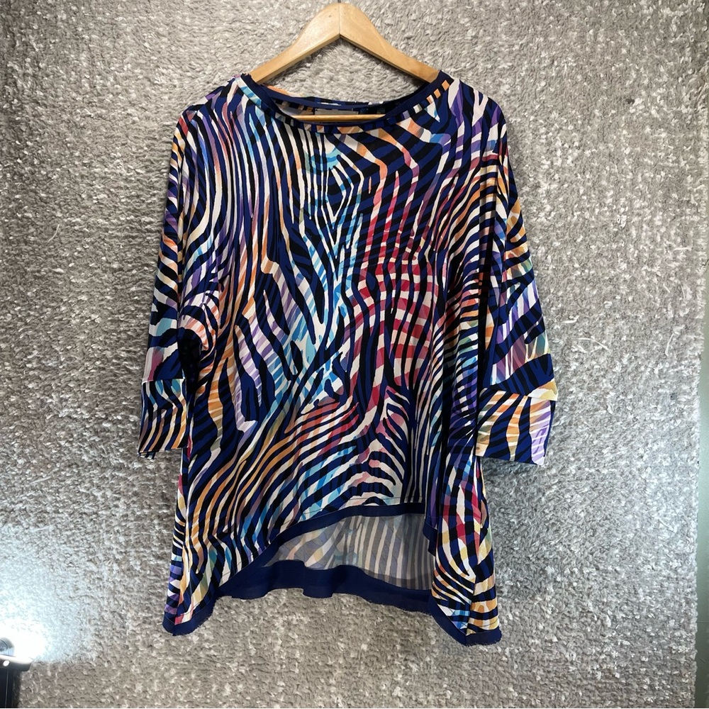 Joseph Ribkoff Tunic Womens 8 Multicolor High Low Dolman Sleeve Preppy Colorful
